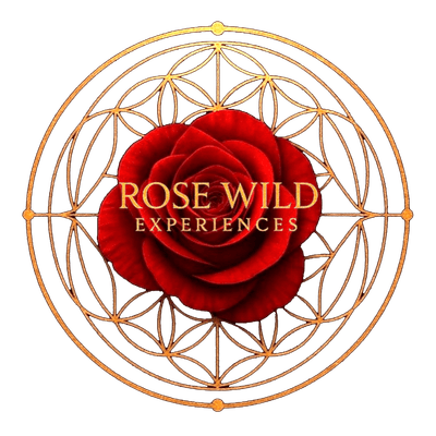 A logo for rose wild productions with a red rose in the center.